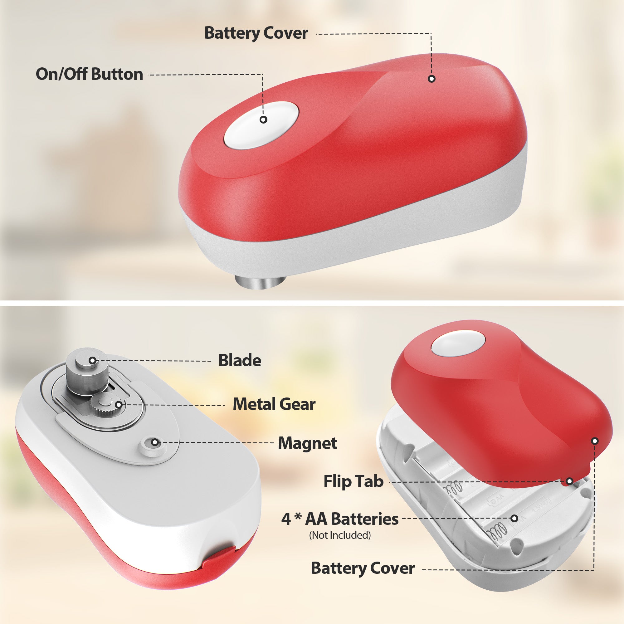 Topzee Electric Can Opener, One-Touch Automatic Battery-Operated Hands-Free Can Opener for Seniors, Red