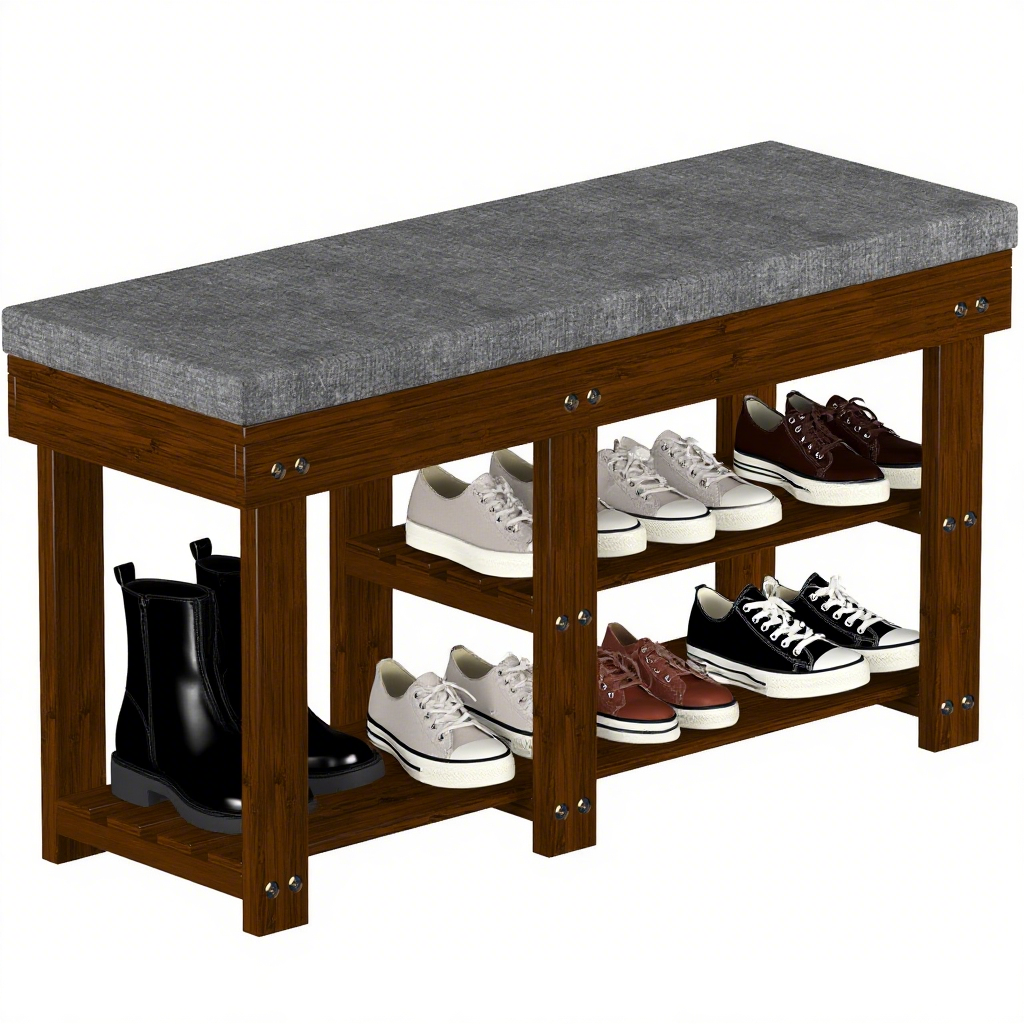 TOPZEE Bamboo Shoe Bench for Entryway, Wood Hallway Shoe Rack Shoe Organizer Shelf with Removable Cushion for Living Room Bedroom, Walnut