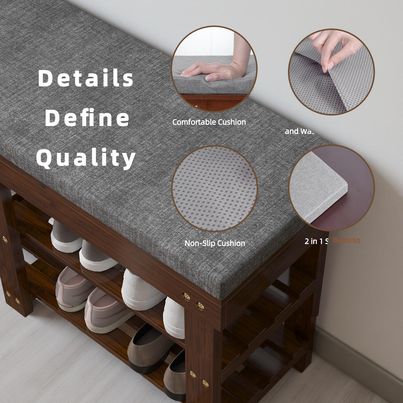 TOPZEE Bamboo Shoe Bench for Entryway, Wood Hallway Shoe Rack Shoe Organizer Shelf with Removable Cushion for Living Room Bedroom, Walnut