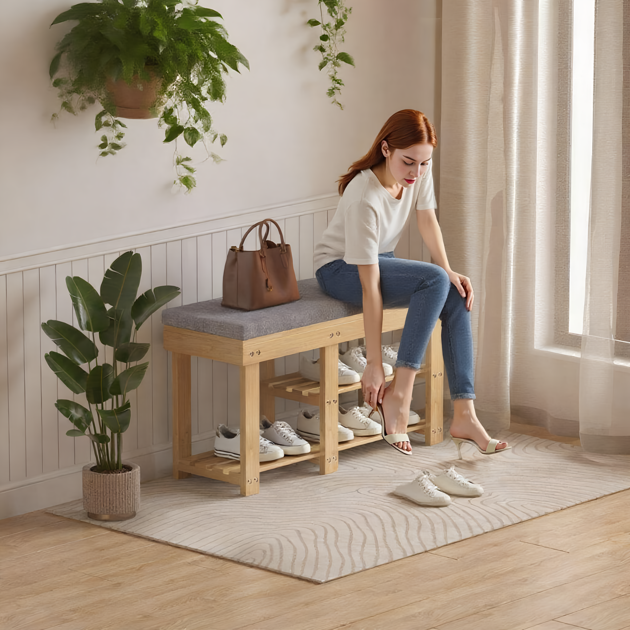 TOPZEE Bamboo Shoe Bench for Entryway, Wood Hallway Shoe Rack Shoe Organizer Shelf with Removable Cushion for Living Room Bedroom, Natural