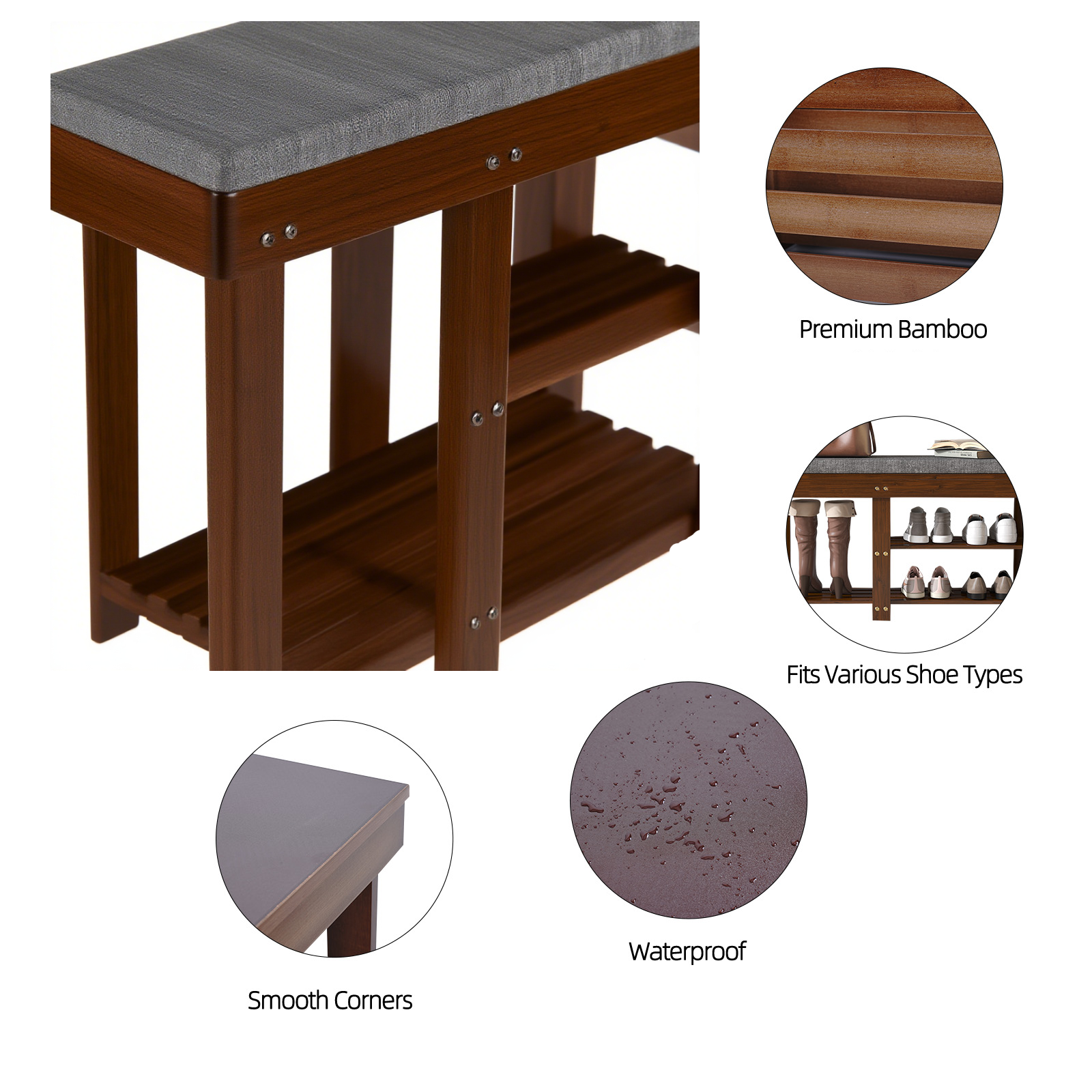TOPZEE Bamboo Shoe Bench for Entryway, Wood Hallway Shoe Rack Shoe Organizer Shelf with Removable Cushion for Living Room Bedroom, Walnut