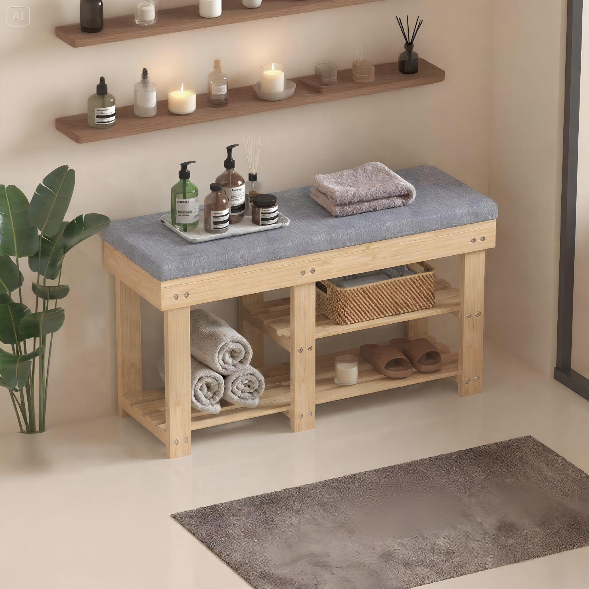 TOPZEE Bamboo Shoe Bench for Entryway, Wood Hallway Shoe Rack Shoe Organizer Shelf with Removable Cushion for Living Room Bedroom, Natural
