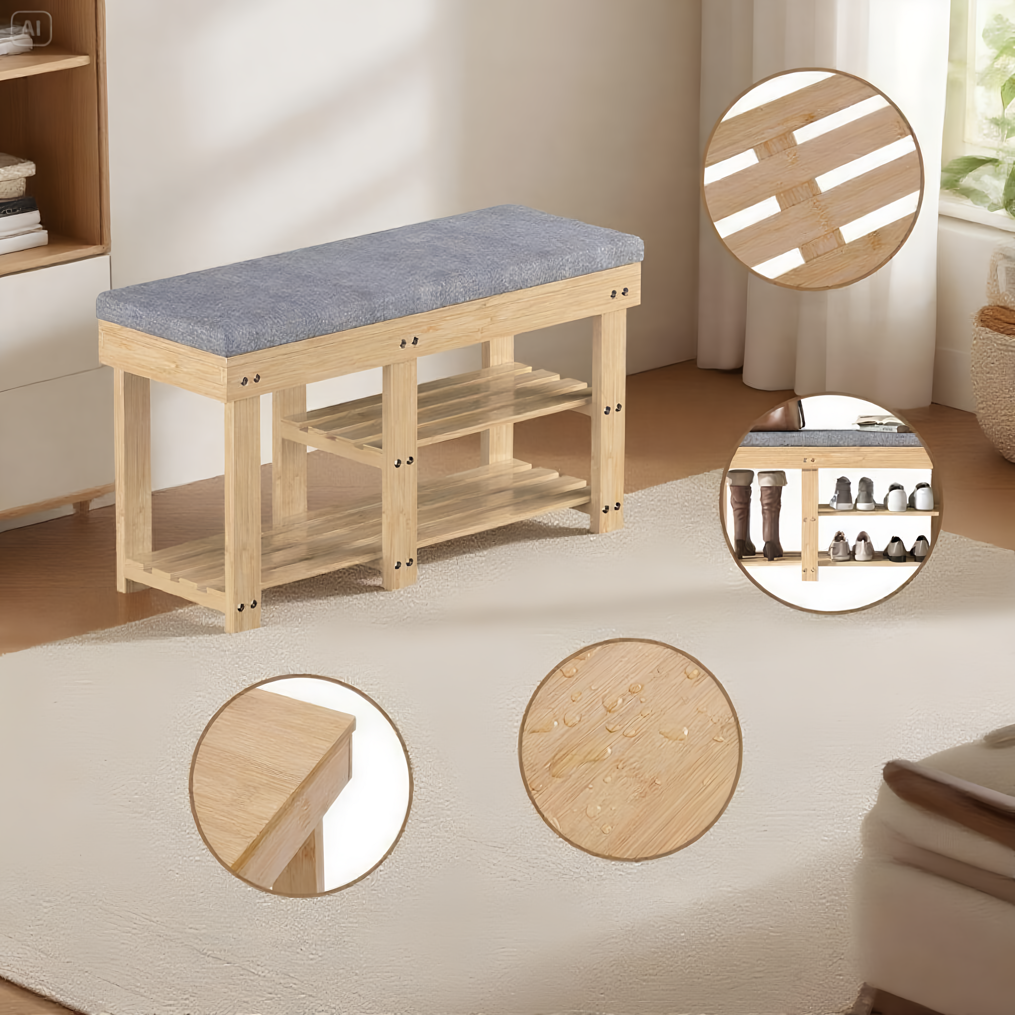 TOPZEE Bamboo Shoe Bench for Entryway, Wood Hallway Shoe Rack Shoe Organizer Shelf with Removable Cushion for Living Room Bedroom, Natural