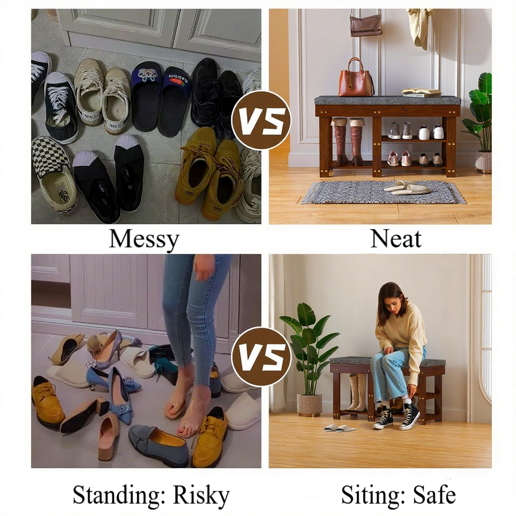 TOPZEE Bamboo Shoe Bench for Entryway, Wood Hallway Shoe Rack Shoe Organizer Shelf with Removable Cushion for Living Room Bedroom, Walnut
