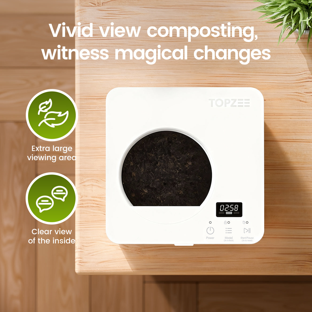 TOPZEE Kitchen Compost Bin Countertop|3L Electric Composter with Non-Stick Coating|Indoor Compost Bin Kitchen Odorless with Carbon Filters|4H Fast Compsting, White